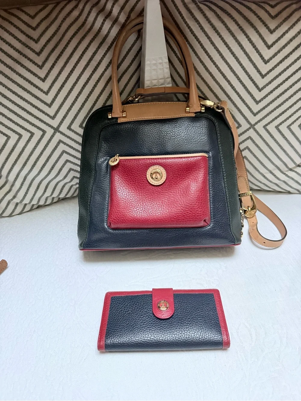 La Tour Eiffel Vintage  Tri Color Pebbled Leather Satchel with Matching Wallet
